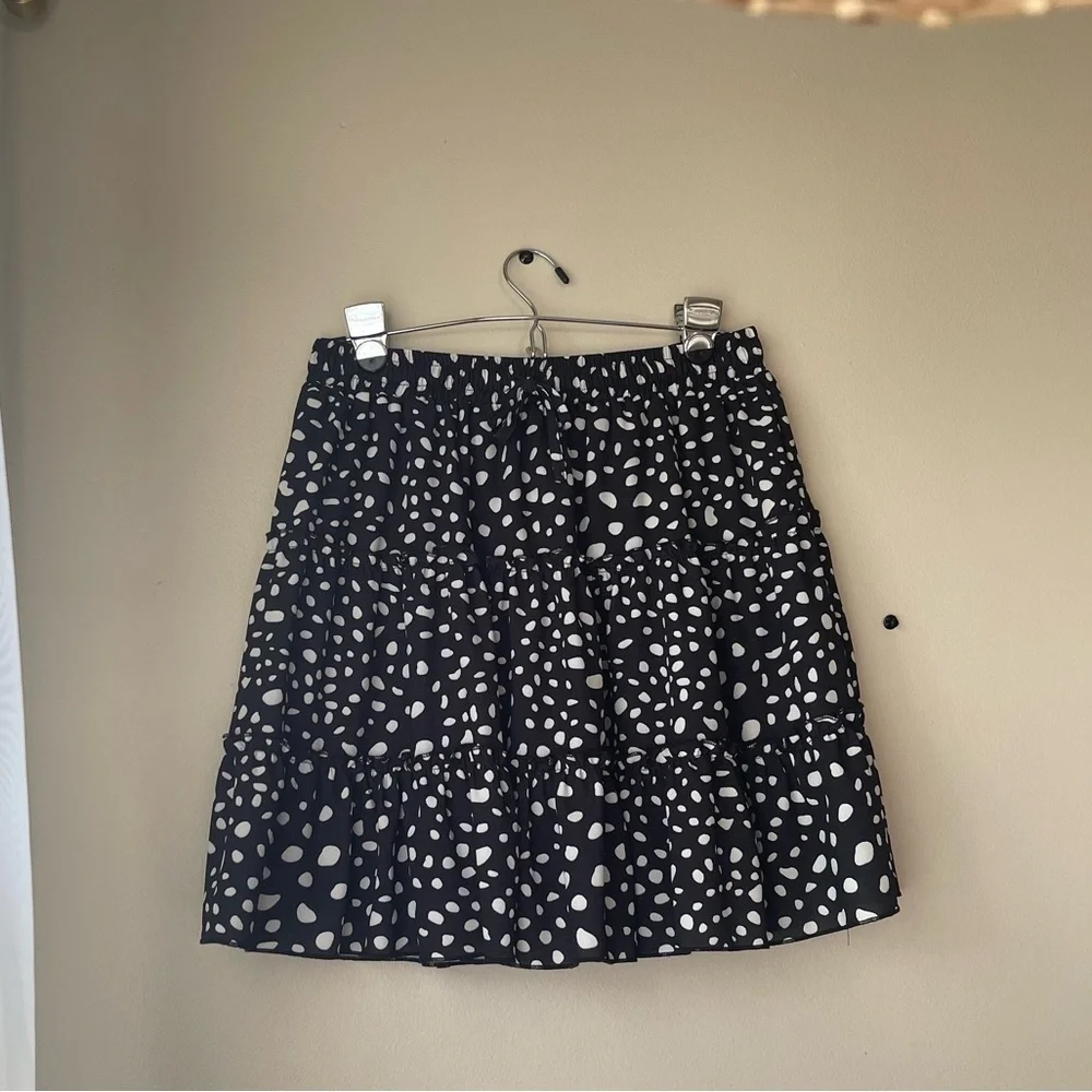 Polka Dot Skater Skirt - Black & White, Stretchy High-Waist, Pleated